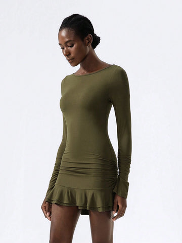 Round Neck Long Sleeves Gathered Double Layer Ruffle Mini Women Dresses