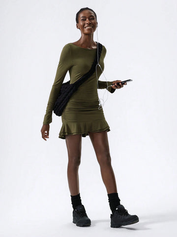 Round Neck Long Sleeves Gathered Double Layer Ruffle Mini Women Dresses