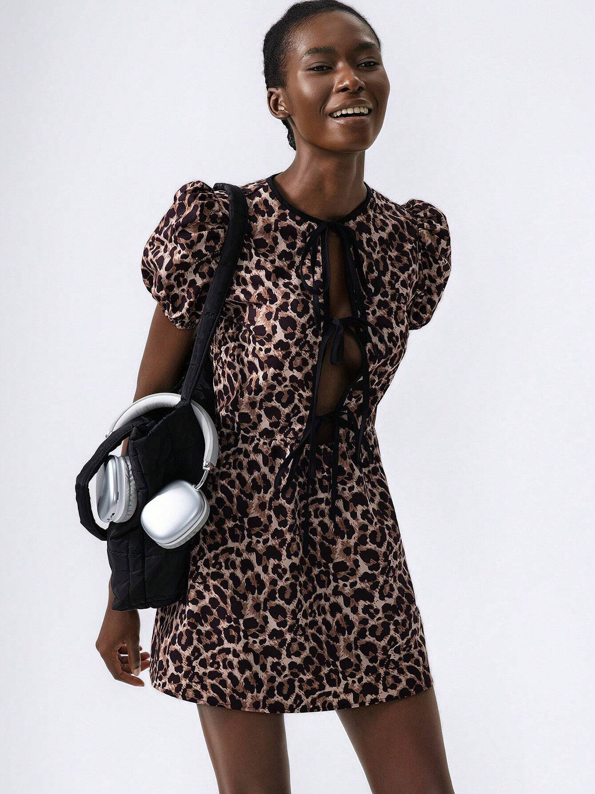 Round Neck Puff Sleeves Center Front Opening Tie Bow A-Line Mini Dress