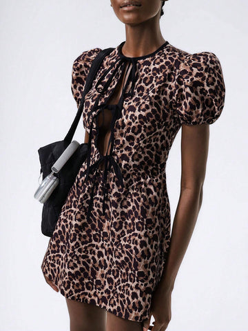 Round Neck Puff Sleeves Center Front Opening Tie Bow A-Line Mini Dress