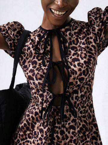 Round Neck Puff Sleeves Center Front Opening Tie Bow A-Line Mini Dress