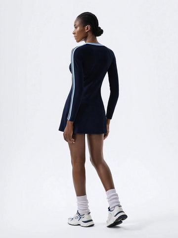 Simple And Fashionable Retro Contrast Color V-Neck & Striped Long-Sleeved Ladies Short Dress