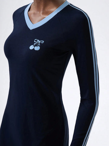 Simple And Fashionable Retro Contrast Color V-Neck & Striped Long-Sleeved Ladies Short Dress