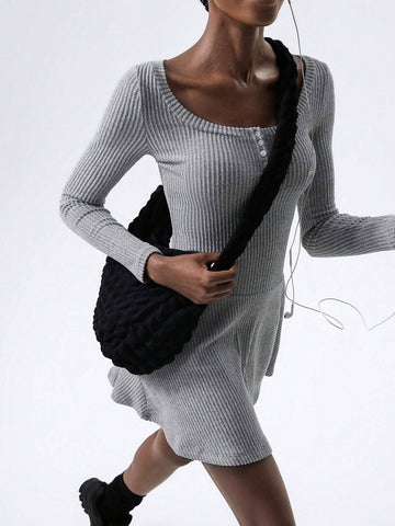 Simple Fashion Retro College Style Square Neck Ruffle Long Sleeve Ladies Short Dress