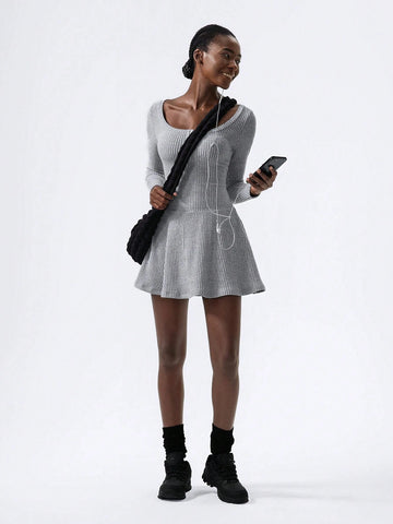 Simple Fashion Retro College Style Square Neck Ruffle Long Sleeve Ladies Short Dress