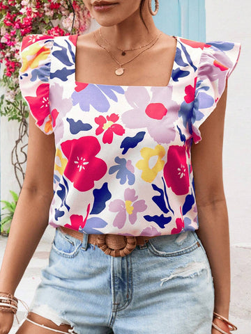 VCAY 1pc Women Vacation Chiffon Print Covered Sleeve Round Neck Blouse