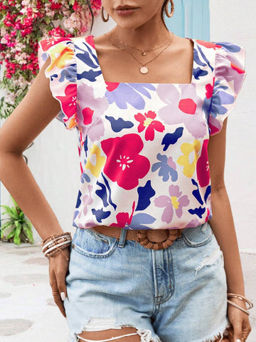 VCAY 1pc Women Vacation Chiffon Print Covered Sleeve Round Neck Blouse