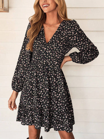 1pc Women's Holiday Black Floral V-Neck Long Sleeve Fitted Ruffle Hem Dress, Autumn/Winter