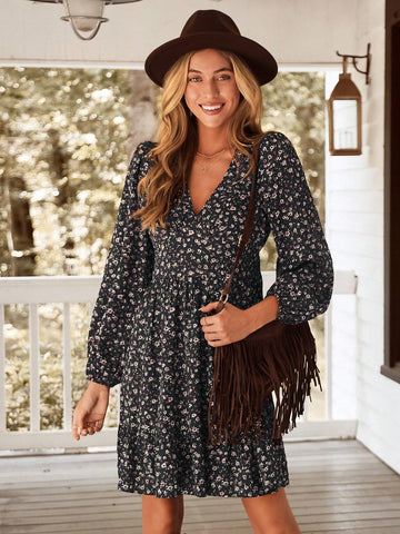 1pc Women's Holiday Black Floral V-Neck Long Sleeve Fitted Ruffle Hem Dress, Autumn/Winter