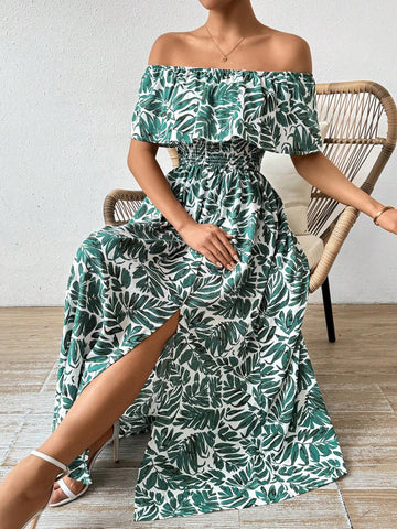 2023 New Arrival Women's Summer Tropical Plant Printed Asymmetrical Off Shoulder Long Dress, Simple Style And Fashionable