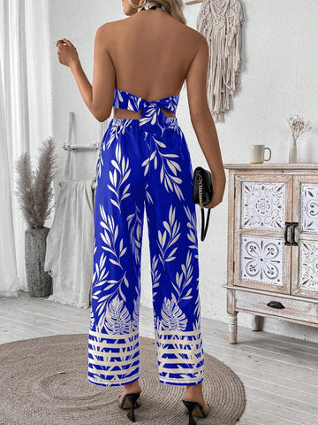 2pcs/Set Plant Print Halterneck Backless Top & Pants, Casual Vacation Outfit
