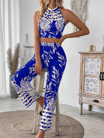 2pcs/Set Plant Print Halterneck Backless Top & Pants, Casual Vacation Outfit