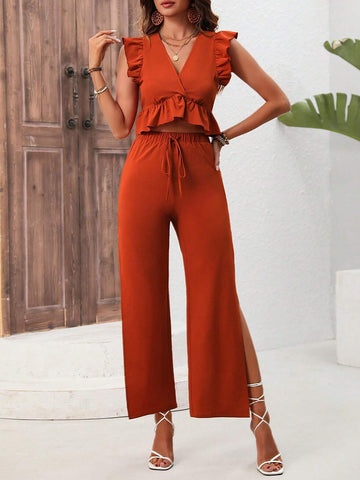 2pcs/Set Ruffled V-Neck Top And High Slit Pants