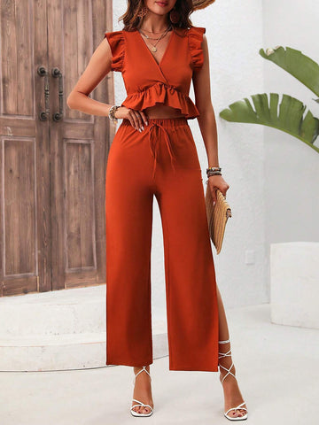 2pcs/Set Ruffled V-Neck Top And High Slit Pants