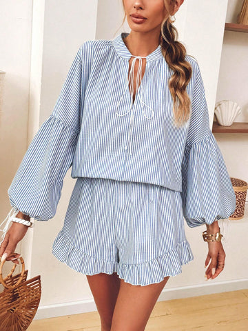 2pcs/Set Tie Front Long Sleeve Striped Top And Shorts Casual Outfit