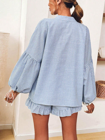 2pcs/Set Tie Front Long Sleeve Striped Top And Shorts Casual Outfit