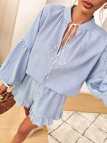 2pcs/Set Tie Front Long Sleeve Striped Top And Shorts Casual Outfit
