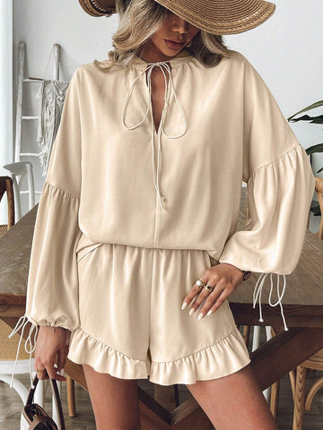 2pcs/Set Women's V-Neck Tie-Belt Lantern Sleeve Blouse And Ruffled Hem Shorts  Money,Simple,Teacher Clothes,Thanksgiving Women Outfit,Long Sleeve Women Two Piece Fall Outfits,White Ruffle Two Piece Fall Outfits