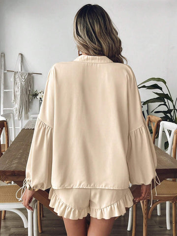 2pcs/Set Women's V-Neck Tie-Belt Lantern Sleeve Blouse And Ruffled Hem Shorts  Money,Simple,Teacher Clothes,Thanksgiving Women Outfit,Long Sleeve Women Two Piece Fall Outfits,White Ruffle Two Piece Fall Outfits