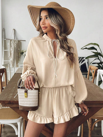 2pcs/Set Women's V-Neck Tie-Belt Lantern Sleeve Blouse And Ruffled Hem Shorts  Money,Simple,Teacher Clothes,Thanksgiving Women Outfit,Long Sleeve Women Two Piece Fall Outfits,White Ruffle Two Piece Fall Outfits