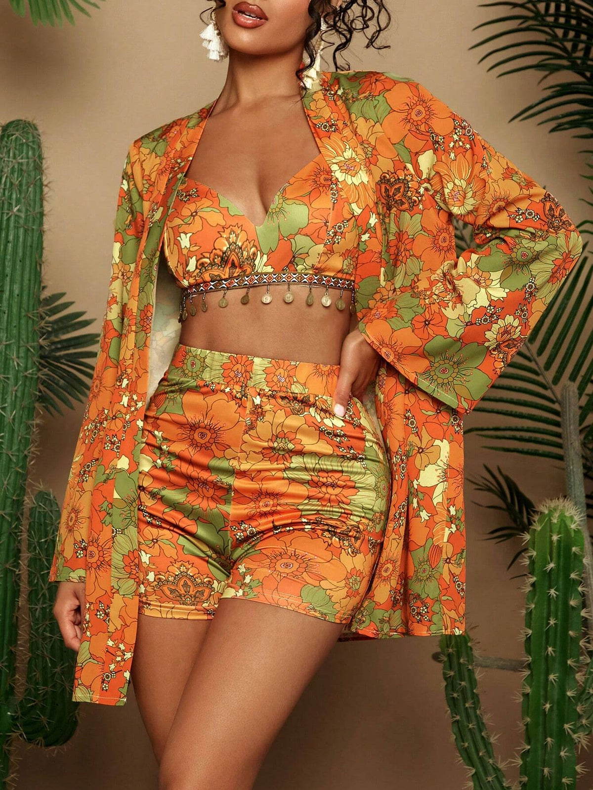 3pcs Floral Allover Print Vacation Style Camisole Top, Shorts, And Kimono Set