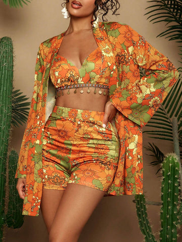 3pcs Floral Allover Print Vacation Style Camisole Top, Shorts, And Kimono Set