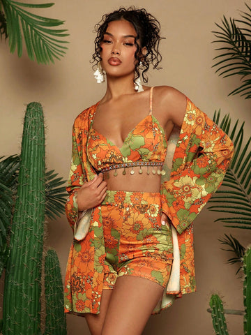 3pcs Floral Allover Print Vacation Style Camisole Top, Shorts, And Kimono Set