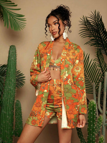3pcs Floral Allover Print Vacation Style Camisole Top, Shorts, And Kimono Set