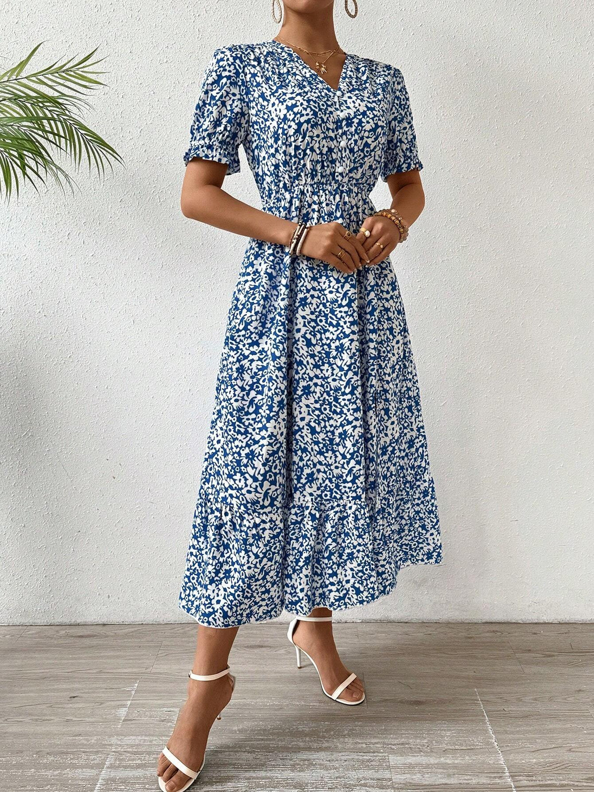 A-Line Floral Print Dress With Elastic Waist