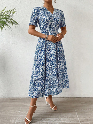 A-Line Floral Print Dress With Elastic Waist
