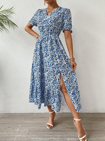 A-Line Floral Print Dress With Elastic Waist