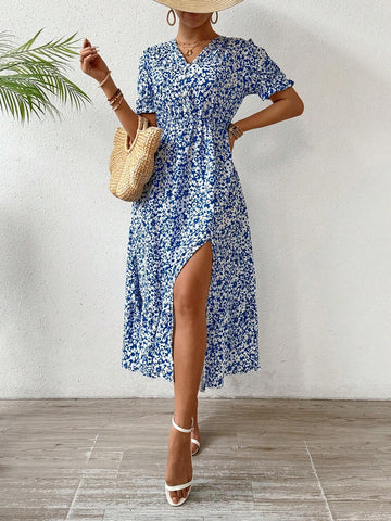 A-Line Floral Print Dress With Elastic Waist