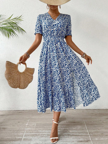A-Line Floral Print Dress With Elastic Waist