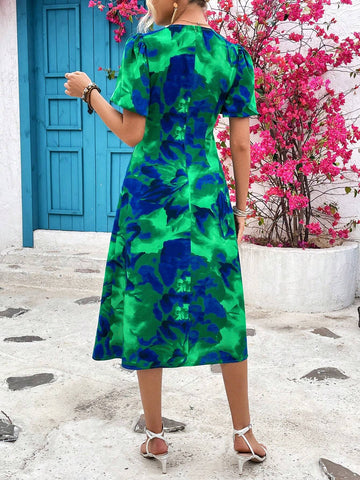 A-Line Hollow Out Twist Bubble Sleeve Floral Dress