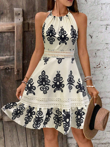 All-Over Allover Print Open Back Lace Patchwork Sleeveless Dress