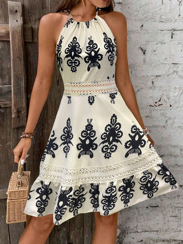 All-Over Allover Print Open Back Lace Patchwork Sleeveless Dress
