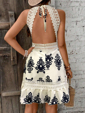 All-Over Allover Print Open Back Lace Patchwork Sleeveless Dress