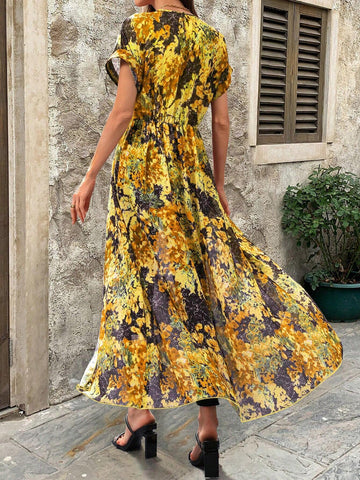 VCAY All-Over Allover Print Round Neck Split Hem Short Sleeve Shirt