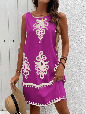 All-Over Print Round Neck Casual Vacation Sleeveless Dress