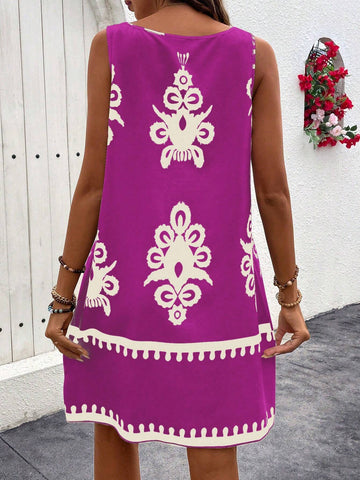 All-Over Print Round Neck Casual Vacation Sleeveless Dress