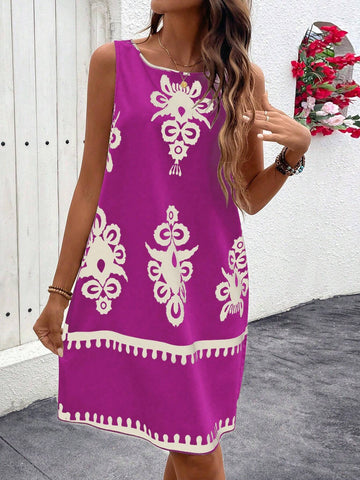 All-Over Print Round Neck Casual Vacation Sleeveless Dress