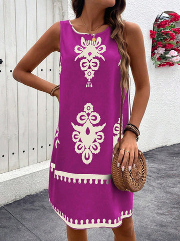 All-Over Print Round Neck Casual Vacation Sleeveless Dress