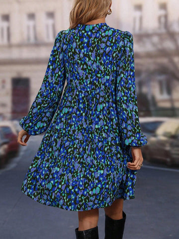All-Over Print V-Neck Casual Long Sleeve Dress
