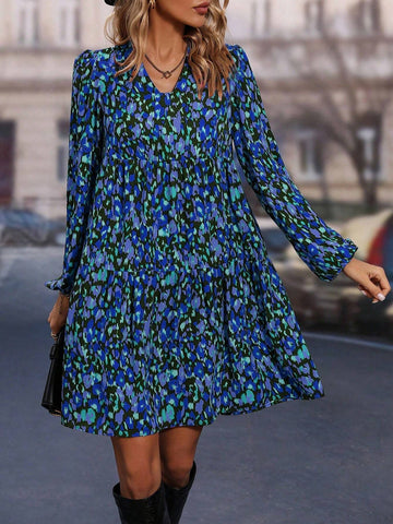 All-Over Print V-Neck Casual Long Sleeve Dress