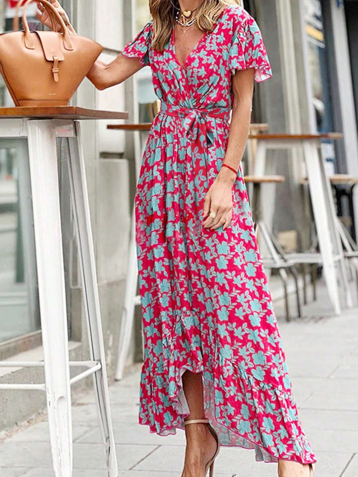 Allover Floral Print Butterfly Sleeve Ruffle Hem Belted Dress