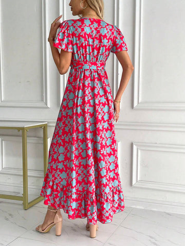 Allover Floral Print Butterfly Sleeve Ruffle Hem Belted Dress