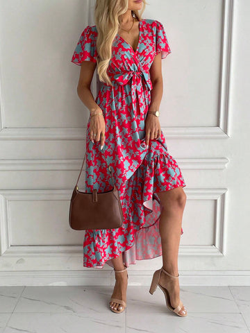 Allover Floral Print Butterfly Sleeve Ruffle Hem Belted Dress