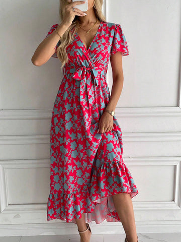 Allover Floral Print Butterfly Sleeve Ruffle Hem Belted Dress