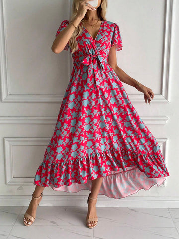 Allover Floral Print Butterfly Sleeve Ruffle Hem Belted Dress
