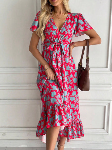Allover Floral Print Butterfly Sleeve Ruffle Hem Belted Dress
